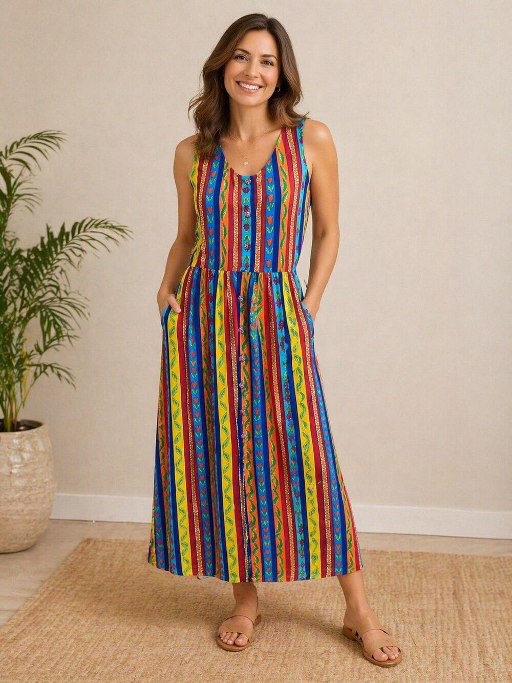 Vtg 90's Carole Little Maxi Dress Size 8  Tropical Floral Artsy California Boho